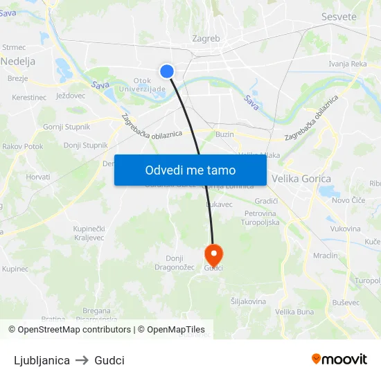 Ljubljanica to Gudci map