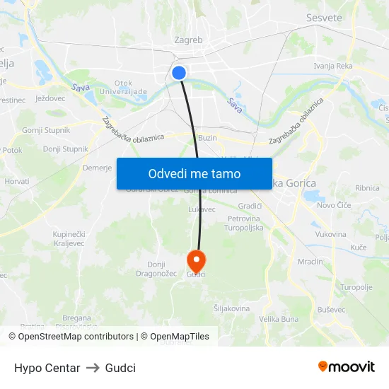 Hypo Centar to Gudci map