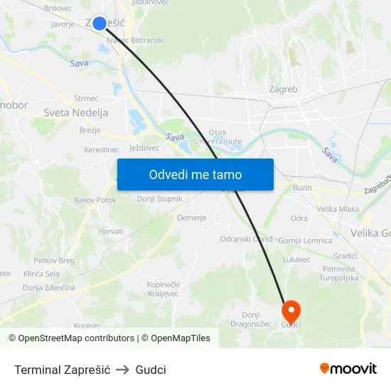 Terminal Zaprešić to Gudci map