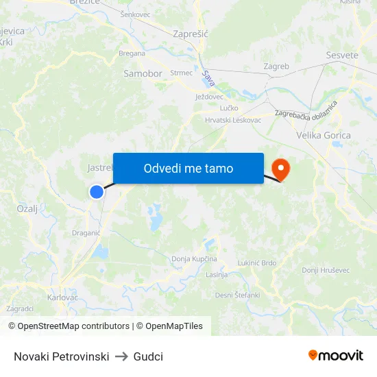 Novaki Petrovinski to Gudci map