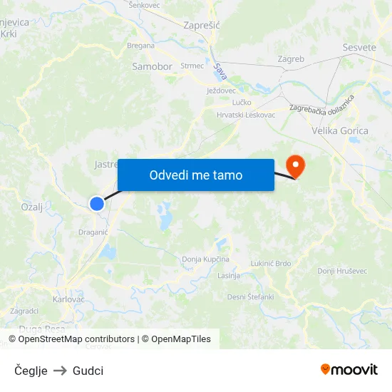 Čeglje to Gudci map