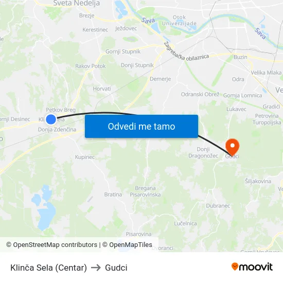 Klinča Sela (Centar) to Gudci map