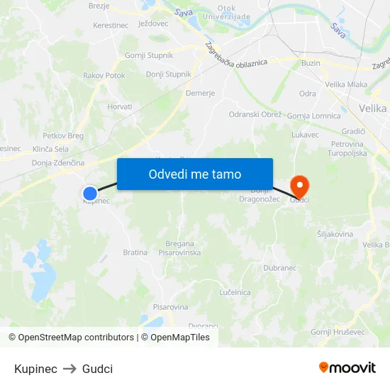 Kupinec to Gudci map