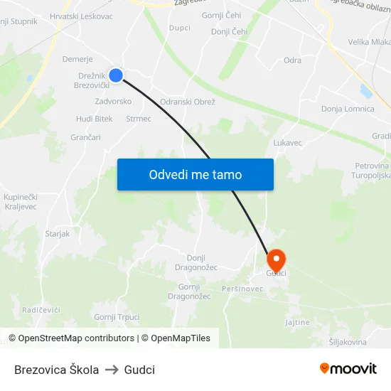Brezovica Škola to Gudci map