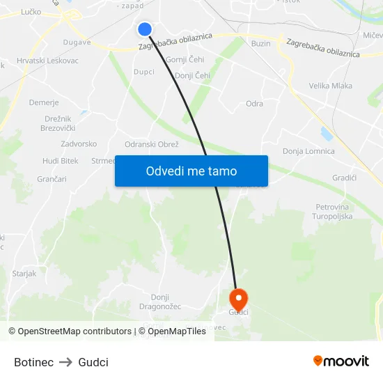 Botinec to Gudci map