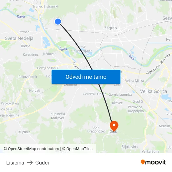 Lisičina to Gudci map
