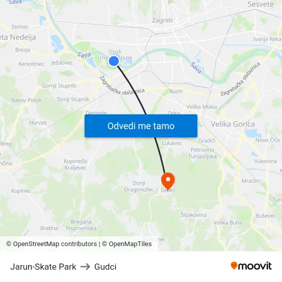 Jarun-Skate Park to Gudci map
