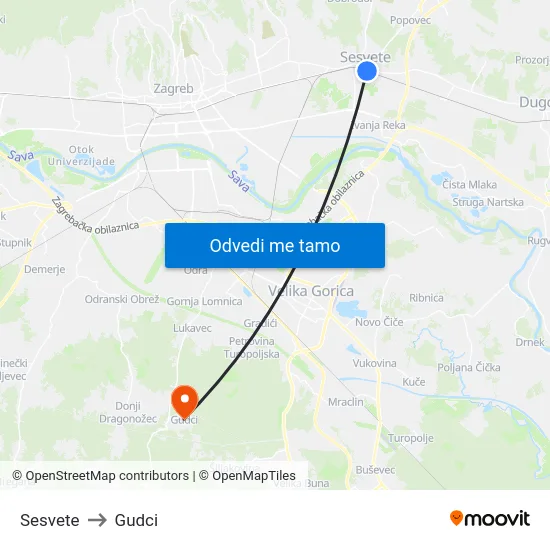 Sesvete to Gudci map