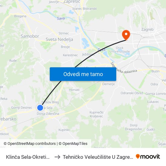 Klinča Sela-Okretište to Tehničko Veleučilište U Zagrebu map