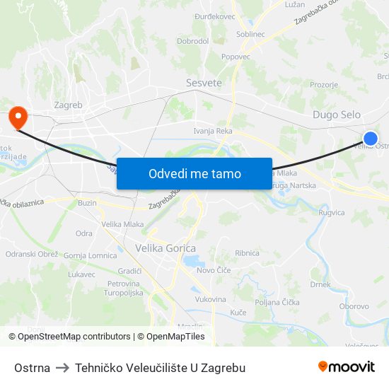 Ostrna to Tehničko Veleučilište U Zagrebu map