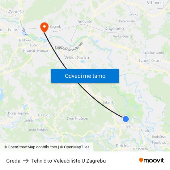 Greda to Tehničko Veleučilište U Zagrebu map