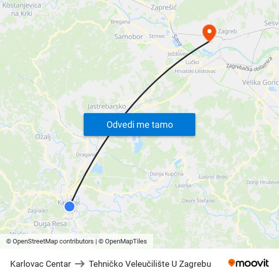Karlovac Centar to Tehničko Veleučilište U Zagrebu map
