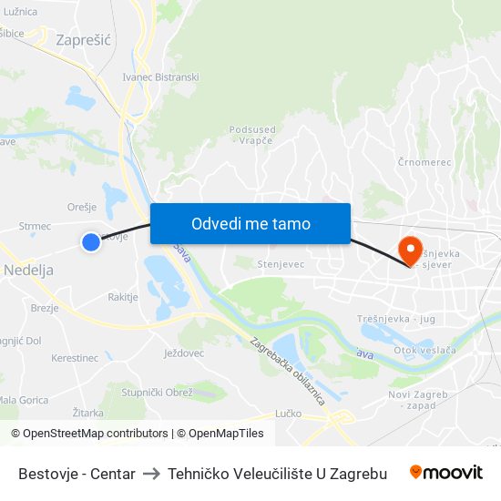 Bestovje - Centar to Tehničko Veleučilište U Zagrebu map
