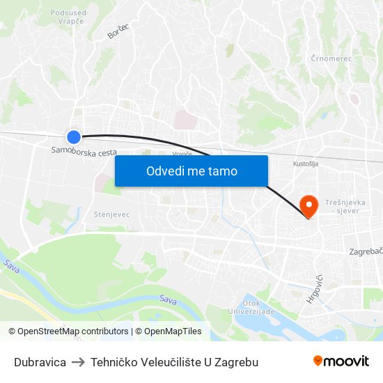 Dubravica to Tehničko Veleučilište U Zagrebu map