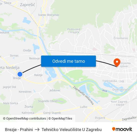 Brezje  - Prahini to Tehničko Veleučilište U Zagrebu map