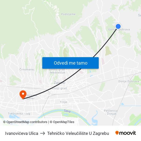 Ivanovićeva Ulica to Tehničko Veleučilište U Zagrebu map