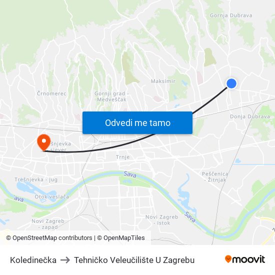 Koledinečka to Tehničko Veleučilište U Zagrebu map