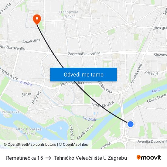 Remetinečka 15 to Tehničko Veleučilište U Zagrebu map