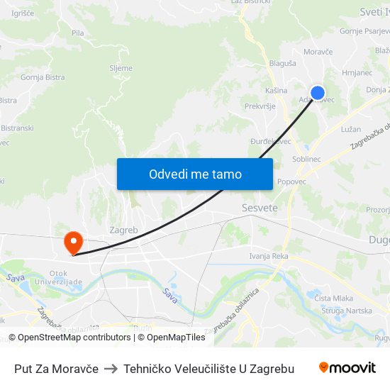 Put Za Moravče to Tehničko Veleučilište U Zagrebu map