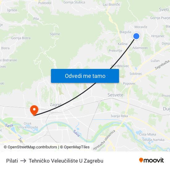 Pilati to Tehničko Veleučilište U Zagrebu map