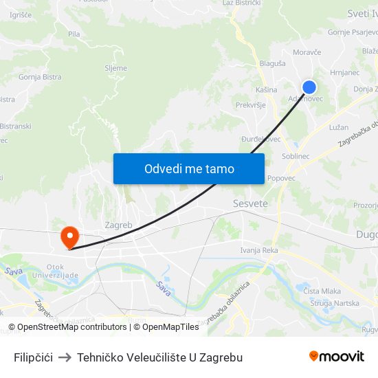 Filipčići to Tehničko Veleučilište U Zagrebu map