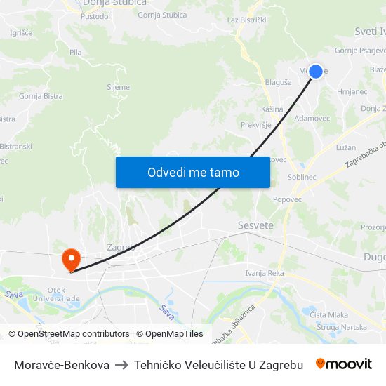 Moravče-Benkova to Tehničko Veleučilište U Zagrebu map
