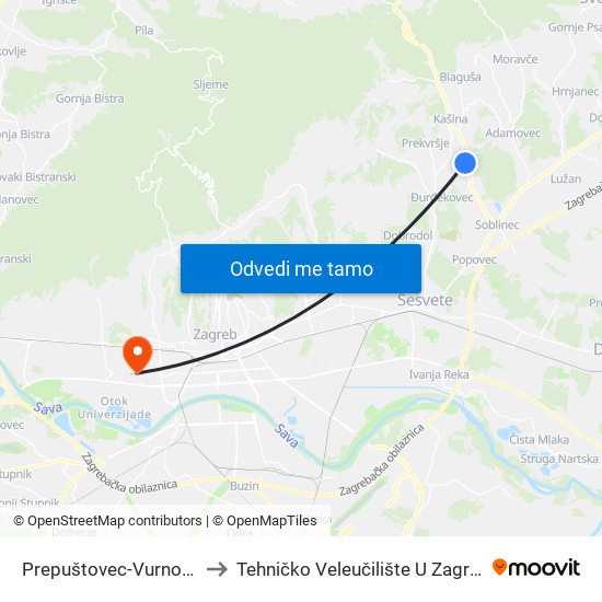 Prepuštovec-Vurnovec to Tehničko Veleučilište U Zagrebu map