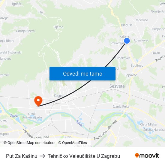 Put Za Kašinu to Tehničko Veleučilište U Zagrebu map