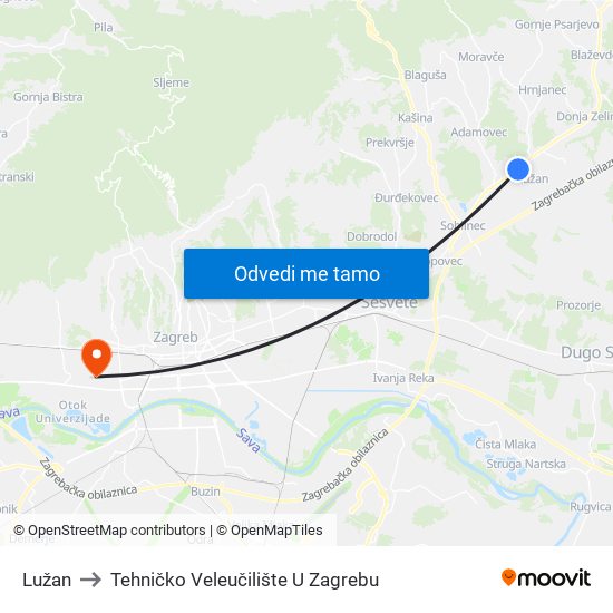 Lužan to Tehničko Veleučilište U Zagrebu map
