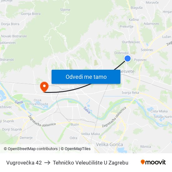 Vugrovečka 42 to Tehničko Veleučilište U Zagrebu map