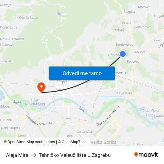 Aleja Mira to Tehničko Veleučilište U Zagrebu map