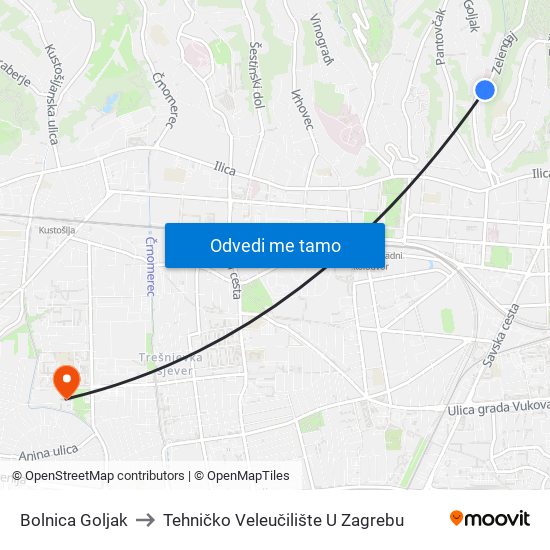Bolnica Goljak to Tehničko Veleučilište U Zagrebu map