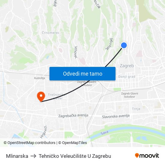 Mlinarska to Tehničko Veleučilište U Zagrebu map