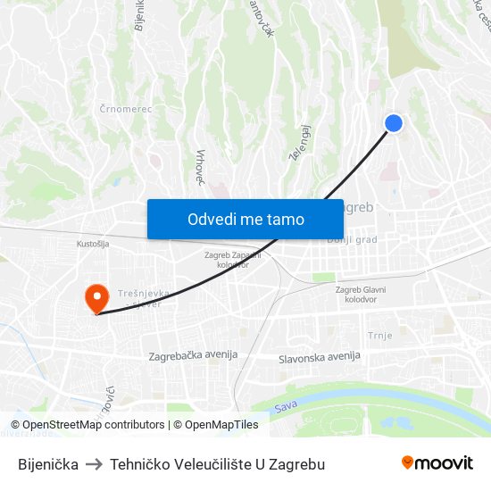 Bijenička to Tehničko Veleučilište U Zagrebu map