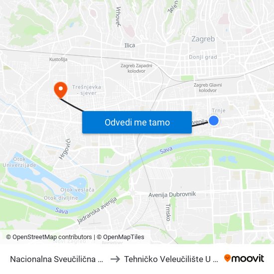 Nacionalna Sveučilična Knjižnica to Tehničko Veleučilište U Zagrebu map