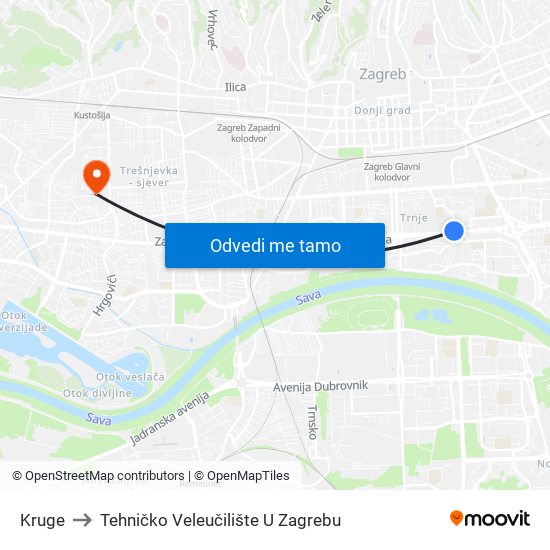 Kruge to Tehničko Veleučilište U Zagrebu map