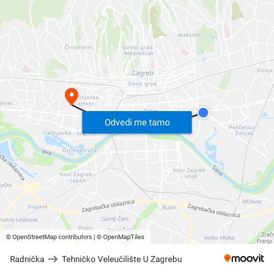 Radnička to Tehničko Veleučilište U Zagrebu map