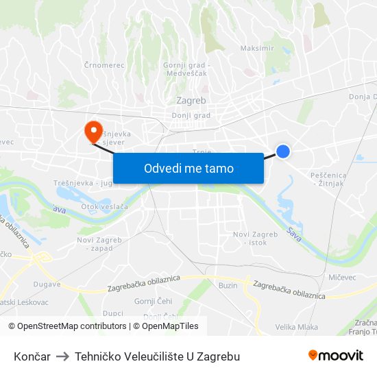 Končar to Tehničko Veleučilište U Zagrebu map