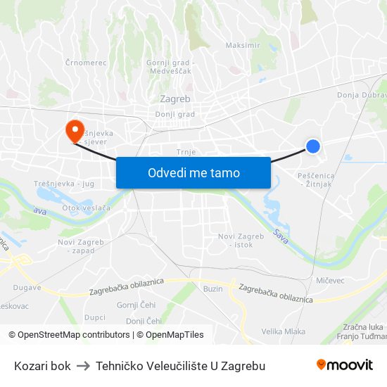 Kozari bok to Tehničko Veleučilište U Zagrebu map