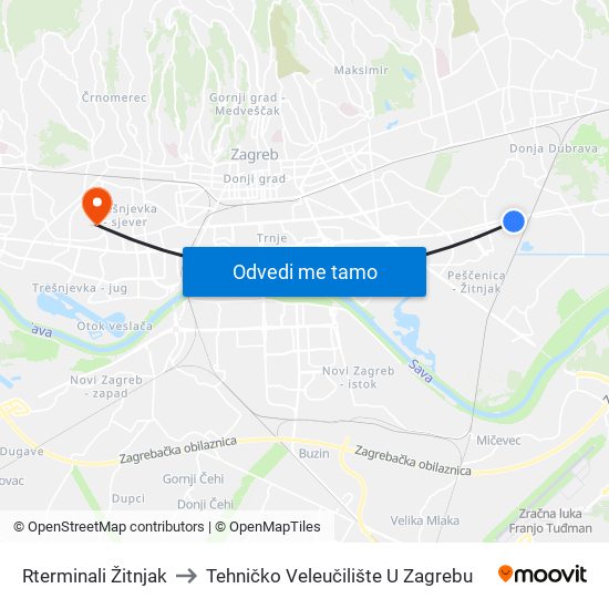 Rterminali Žitnjak to Tehničko Veleučilište U Zagrebu map