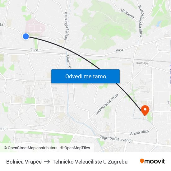 Bolnica Vrapče to Tehničko Veleučilište U Zagrebu map