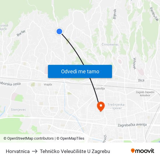 Horvatnica to Tehničko Veleučilište U Zagrebu map