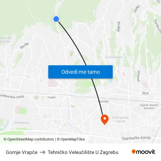 Gornje Vrapče to Tehničko Veleučilište U Zagrebu map
