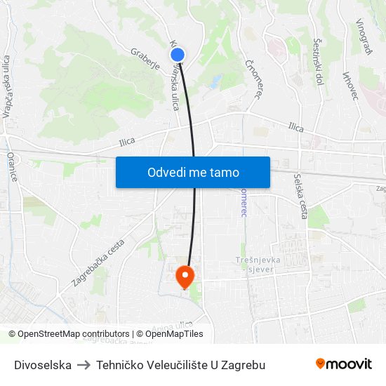 Divoselska to Tehničko Veleučilište U Zagrebu map