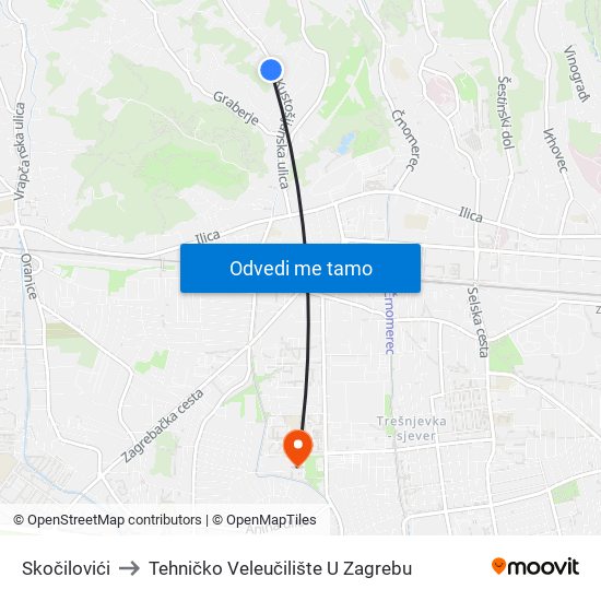 Skočilovići to Tehničko Veleučilište U Zagrebu map