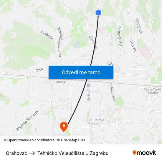 Orahovac to Tehničko Veleučilište U Zagrebu map