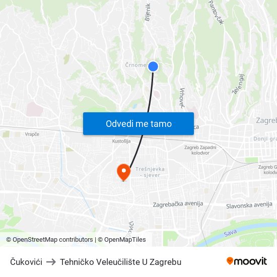 Čukovići to Tehničko Veleučilište U Zagrebu map