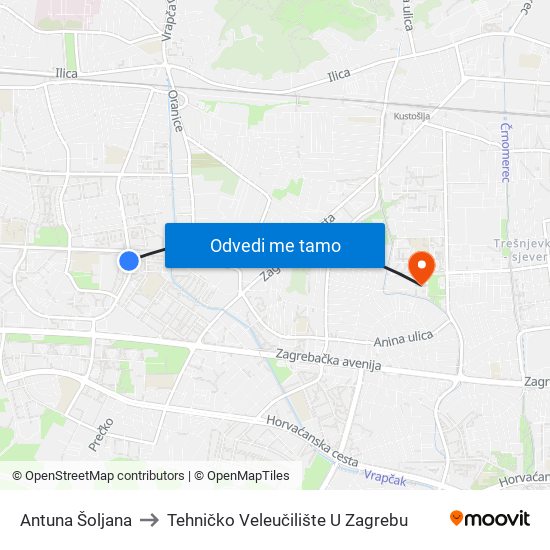 Antuna Šoljana to Tehničko Veleučilište U Zagrebu map