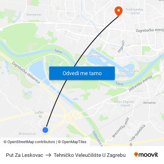 Put Za Leskovac to Tehničko Veleučilište U Zagrebu map