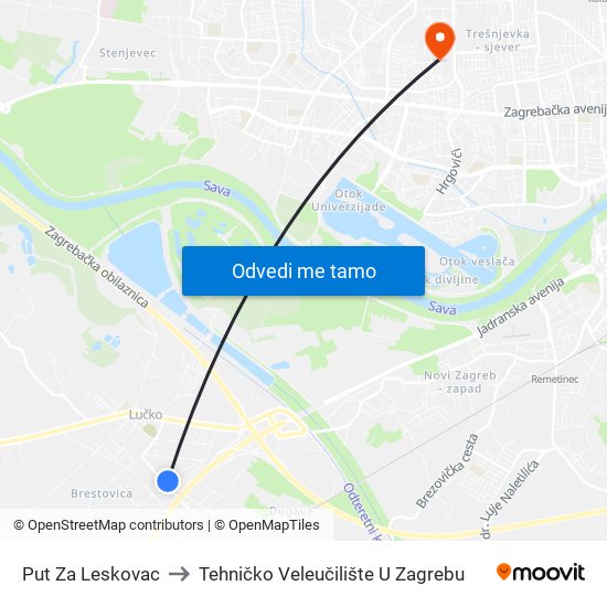 Put Za Leskovac to Tehničko Veleučilište U Zagrebu map